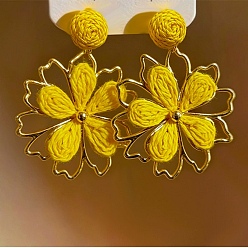 Golden Alloy Woven Stud Dangle Earrings, Flower, Golden, 74x57.5mm