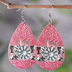 Светло-Вишневый Кожзаменитель болтаться серьги, слезинка с рисунком кролика, платина, светло-вишневый, 75x35 мм