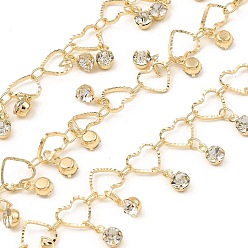 Light Gold Латунные цепи с звеньями в форме сердца с покрытием стойки, с подвесками из прозрачного стекла, долговечный, пайки, с катушкой, золотой свет, Сердце: 6.5x7.5x1 mm, плоско-круглые: 6x4x3 mm, около 32.81 футов (10 м) / рулон