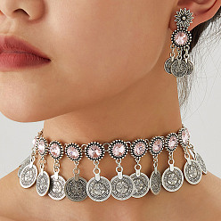 Розовый Комплекты из ожерелий с кисточками и серег-гвоздиков из сплава со стразами и круглыми монетами, античное серебро, светло-розовый, 470 мм