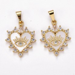 Белый Латунные подвески с фианитами, с эмалью, долговечный, реальный 18 k позолоченный, сердце и глаз, белые, 23x19x3 мм, отверстие : 2.5x6 мм