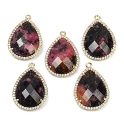 Родонит Ограненные подвески из натурального родонита, стойка покрытие латунь микропаве прозрачный кубический цирконий каплевидные подвески, золотые, 26.5x19.5x7 мм, отверстие : 1.6 мм