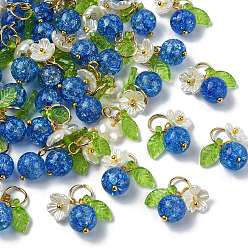 Blue 50Pcs Glass & ABS Plastic Imitation Pearl Flower Pendants, with Brass Findings, Golden, Blue, 17mm