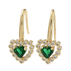 Real 18K Gold Plated Heart Brass Dangle Earrings, with Glass and Cubic Zirconia, Real 18K Gold Plated, 23.5x11.5mm