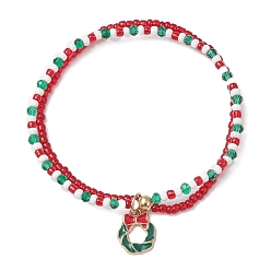 (52) Непрозрачная лаванда Рождественские стеклянные бусины и многослойные браслеты из стеклянных бусин, браслеты из сплава эмали для женщин, Рождественский венок с бантом, разноцветные, внутренний диаметр: 2-1/4~2-1/2 дюйм (5.85~6.3 см)