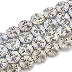 Mixed Color Electroplate Non-magnetic Synthetic Hematite Beads Strands, Matte Style, Flat Round with Tree of Life, Mixed Color, 12~12.5x4~4.5mm, Hole: 1mm, about 32pcs/strand, 15.74 inch