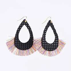 Black PU Leather Dangle Earrings, with Nylon Tassel and Brass Earring Hooks, Teardrop, Golden, Black, 83mm, Pin: 0.7mm