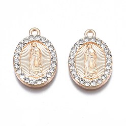 Light Gold Подвески из сплава , с кристально горный хрусталь, без кадмия, без никеля и без свинца, овальные подвески с изображением Девы Марии, золотой свет, 21.5x14.5x2 мм, отверстие : 1.6 мм