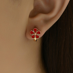 Настоящее золото 18K Элегантные латунные серьги-кольца с цветами, реальный 18 k позолоченный, 13x10 мм