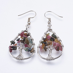 Турмалин Натуральный турмалин болтаться серьги, с латунной фурнитурой , слеза с древом жизни, 53~54 мм , штифт: 0.7 мм