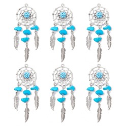 Синтетическая Бирюза Подвески-ловцы снов из синтетической бирюзы, с фурнитурой из сплава и 304 петлей из нержавеющей стали, 81x28x8 мм, отверстие : 2 мм