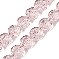 Lavendel erröten Backfarbe transparente Glasperlenstränge, flach rund mit rosafarbener Blume, Lavendel erröten, 10x5.3 mm, Bohrung: 1 mm, ca. 65 Stk. / Strang, 25.20'' (64 cm)