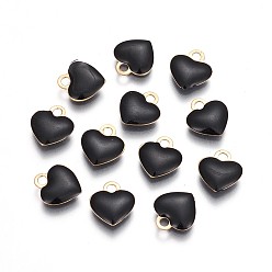 Black Brass Charms, with Enamel, Enamelled Sequins, Long-Lasting Plated, Nickel Free, Real 18K Gold Plated, Heart, Black, 10x9x2mm, Hole: 1.6mm