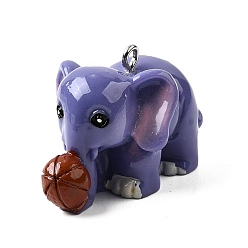 Средний Фиолетовый Подвески из смолы, слон с баскетбольными подвесками, с платиново-железными петлями, средне фиолетовый, 22x23x34 мм, отверстие : 2 мм