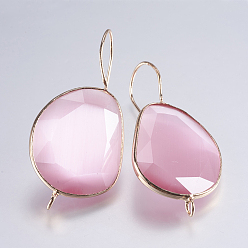Pink Cat Eye Earring Hooks, with Brass Findings and Horizontal Loop, Lead Free & Cadmium Free, Oval, Light Gold, Pink, 45~47x21~25x4mm, Hole: 2mm, 20 Gauge, Pin: 0.8mm