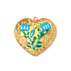 Темно-Голубой 304 нержавеющей стальной эмали подвески, сердце с цветочным шармом, реальный 18 k позолоченный, ионное покрытие (ip), долговечный, глубокое синее небо, 30x28 мм, отверстие: 1.80 мм