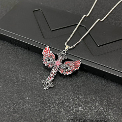 Red Alloy Enamel Cross with Angel Wings Pendant Necklaces for Women, Platinum, Red, 23.62 inch(60cm)