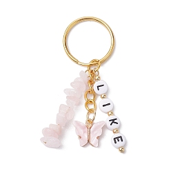 Golden Alloy Enamel Acrylic with Natural Rose Quartz Keychain, Butterfly, Word LIKE, Golden, 7.2cm