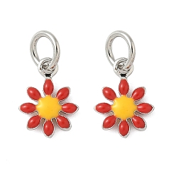 Красный Латунь эмаль прелести, цветочный шарм, с целью перехода в кольце, без свинца и без кадмия, долговечный, стойки покрытие, платина, красные, 10x7.5x2 мм, отверстие : 3.4 мм