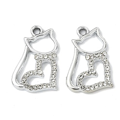 Cat Shape Подвески из сплава с кристаллами и стразами и анималистическим рисунком, платина, очарование в форме кошки, 22.5x15x3.5 мм, отверстие : 1.8 мм