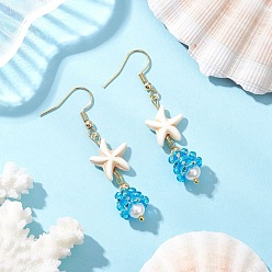 Морская звезда Серьги-подвески из ракушечного стекла, золотые, с имитацией жемчуга, морская звезда, 54x14.5 мм