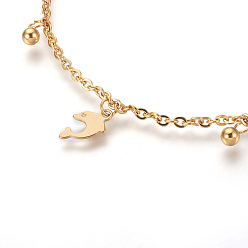 Golden 304 Stainless Steel Charm Anklets, Dolphin and Round, Golden, 9-1/4 inch(23.5cm), 2mm