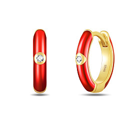 Red 925 Sterling Silver Huggie Hoop Earrings, with Grade AAA Cubic Zirconia and Enamel, Real 14K Gold Plated, Ring, Red, 11x3mm