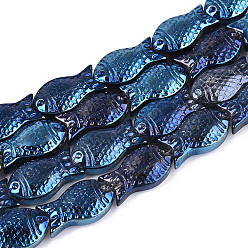 Морской Синий Прозрачность гальванизированные стеклянные бусины нити, рыба, с покрытием AB цвета, Marine Blue, 15x8.1x5 мм, отверстие : 0.9~1 мм, около 55 шт / нитка, 25.59'' (65 см)