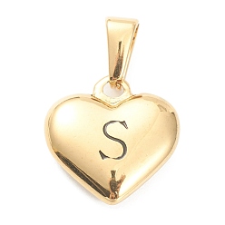 Letter S 304 Stainless Steel Pendants, Heart with Black Letter, Golden, Letter.S, 16x16x4.5mm, Hole: 7x3mm
