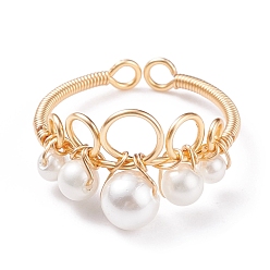 Golden Shell Pearl Braided Crown Open Cuff Ring, Copper Wire Wrap Jewelry for Women, Golden, US Size 8(18.1mm)
