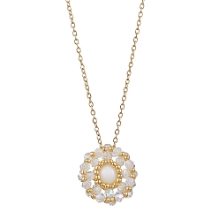 Машан Нефрит Кулон из натурального машанского нефрита и стеклянных бусин с плоским круглым плетением 304 ожерелья из нержавеющей стали, золотые, 17.60 дюйм (44.7 см)