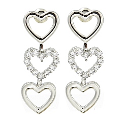 Прозрачный Серьги-гвоздики из латуни с микропаве из кубического циркония, сердце, платина, прозрачные, 36x12.5 мм
