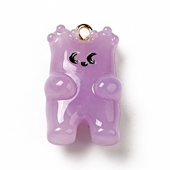 Medium Purple Cartoon Opaque Resin Pendants, Bear Charm, with Golden Tone Alloy Loops, Medium Purple, 26.5x15.8x11mm, Hole: 1.8mm