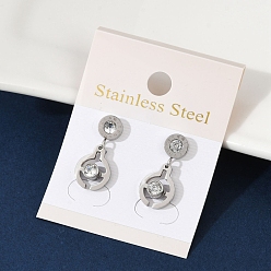 Нержавеющая Сталь Цвет Плоские круглые 304 серьги-гвоздики из нержавеющей стали с микропаве из прозрачных кубических цирконий, цвет нержавеющей стали, 19.5x9 мм