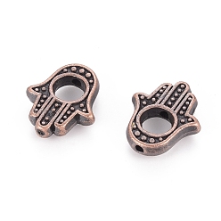 Red Copper Tibetan Style Alloy Bead Frames, Hamsa Hand/Hand of Miriam, Cadmium Free & Nickel Free & Lead Free, Red Copper, 15.5x13x3mm, Hole: 1mm