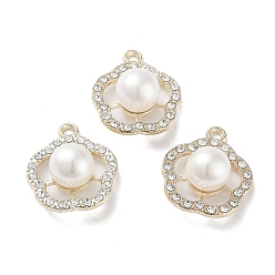 Golden ABS Imitation Pearl Bead Pendants, with Alloy and Crystal Rhinestone, Cadmium Free & Lead Free, Flower Charm, Golden, 19x16.5x9mm, Hole: 1.8mm