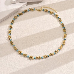 (932FM) Темно-синий аква-матовый с подкладкой Ожерелье в стиле бохо из натуральных ракушек, латуни и стеклянных бусин для женщин на праздник и вечеринку, золотые, темно-золотистые, 17.72 дюйм (45 см)