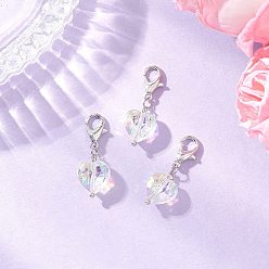 Платина Стеклянные подвесные украшения в форме сердца, с цинковым сплавом застежками омаров коготь, платина, 28 мм