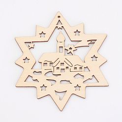 Antique White Undyed Wooden Pendants, Star, for Christmas Theme, Antique White, 99x80x3mm, Hole: 2mm