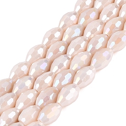 Old Lace Electroplate Opaque Solid Color Glass Beads Strands, Rice, AB Color Plated, Faceted, Old Lace, 8~8.5x5.5~6mm, Hole: 1~1.2mm, about 67~68pcs/strand, 21.46~22.24 inch(54.5~56.5cm)