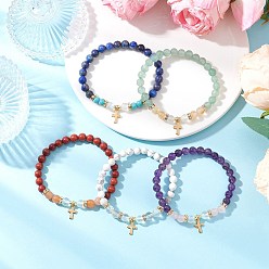 Смешанные камни 5шт. круглых бусин из натуральных и синтетических драгоценных камней, растягивающихся браслетов, 304 браслеты с подвесками в виде креста из нержавеющей стали для мужчин и женщин, внутренний диаметр: 2~2-1/8 дюйм (5~5.5 см)