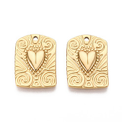Настоящее золото 18K 304 подвески из нержавеющей стали, ионное покрытие (ip), прямоугольник с подвеской в виде сердца, реальный 18 k позолоченный, 21x15x2 мм, отверстие : 1.5 мм