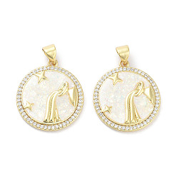 Водолей Латунные микропаве прозрачные подвески с фианитом, без кадмия и без свинца, с синтетическим опалом и жемчугом из АБС-пластика, реальный 18 k позолоченный, плоский круглый шарм с двенадцатью созвездиями, Водолей, 23x20x2.5 мм, отверстие : 4.5x3 мм