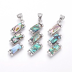 Paua Shell Abalone Shell/Paua Shell Big Pendants, with Platinum Tone Brass Findings and Rhinestone, Wave, 52.5~53x18.5x3.5mm, Hole: 4.5x6.5mm