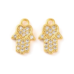 Настоящее золото 18K Латунные микропаве прозрачные подвески с фианитом, хамса рука, реальный 18 k позолоченный, 11.7x7.7x1.7 мм, отверстие : 1.4~1.5 мм