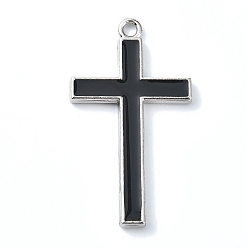 Black Rack Plating Alloy Enamel Pendants, Platinum, Cross Charm, Black, 41x23.5x3mm, Hole: 2.5mm