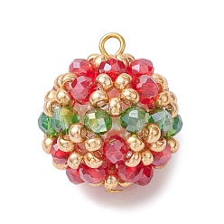 Разноцветный Рождественские подвески из гальванизированного стекла, круглых рокайль и стеклянных бусин-жемчужин, круглые, красочный, 24.5x21.5 мм, отверстие : 2.5 мм