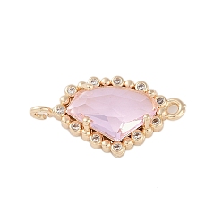 Pink Позолоченные латунные подвески с прозрачным фианитом, без кадмия и без свинца, стеклянные звенья в форме сердца, розовые, 24x13x5 мм, отверстие : 1.5 мм