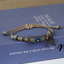 Темный Морско-зеленый Регулируемые фарфоровые бусины-цветы ручной работы плетеные браслеты из бусин, браслеты с подвесками в виде листьев из сплава для женщин, темно-зеленый, 7-1/8 дюйм (18 см)