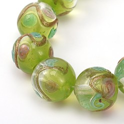 Желто-Зеленый Круглой формы ручной работы Золотые пески ухабистой Lampwork бисер, желто-зеленый, 12 мм, отверстие : 2 мм